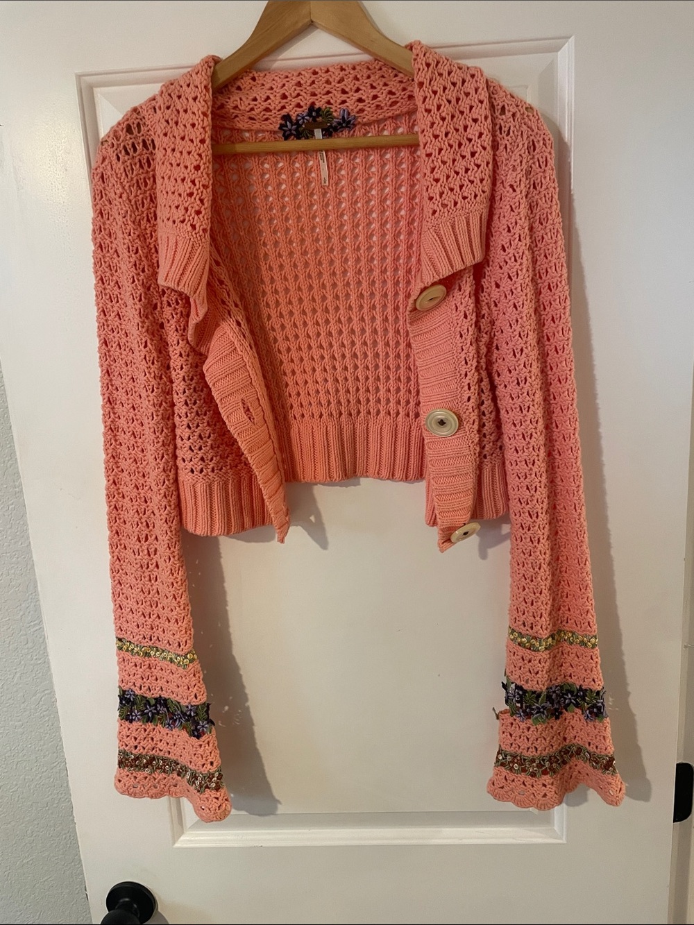 Free People Coral Crochet Button-Front Cardigan